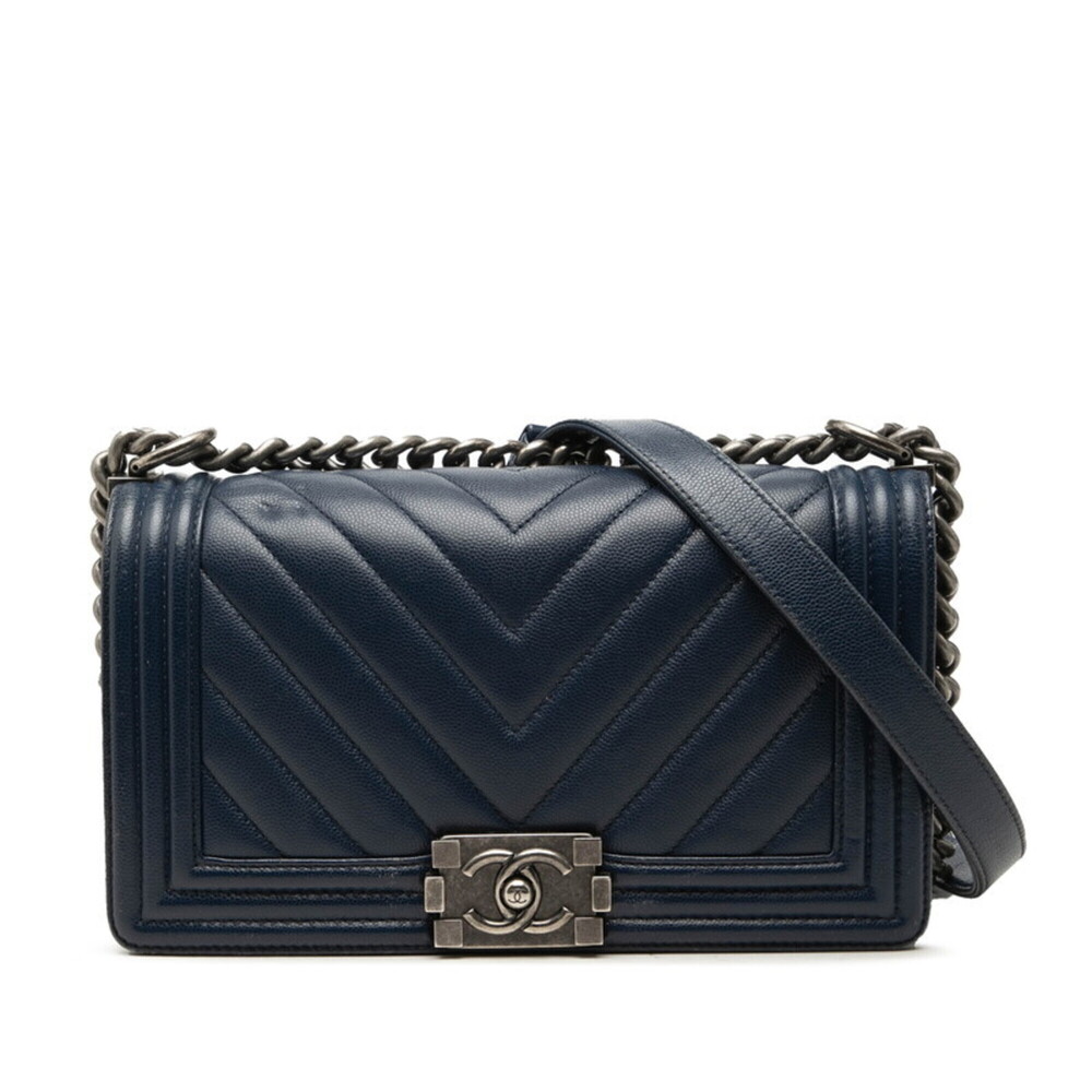 Chanel Coco Mark Boy Chain Shoulder Bag, Navy Caviar Leather, Women's CHANEL